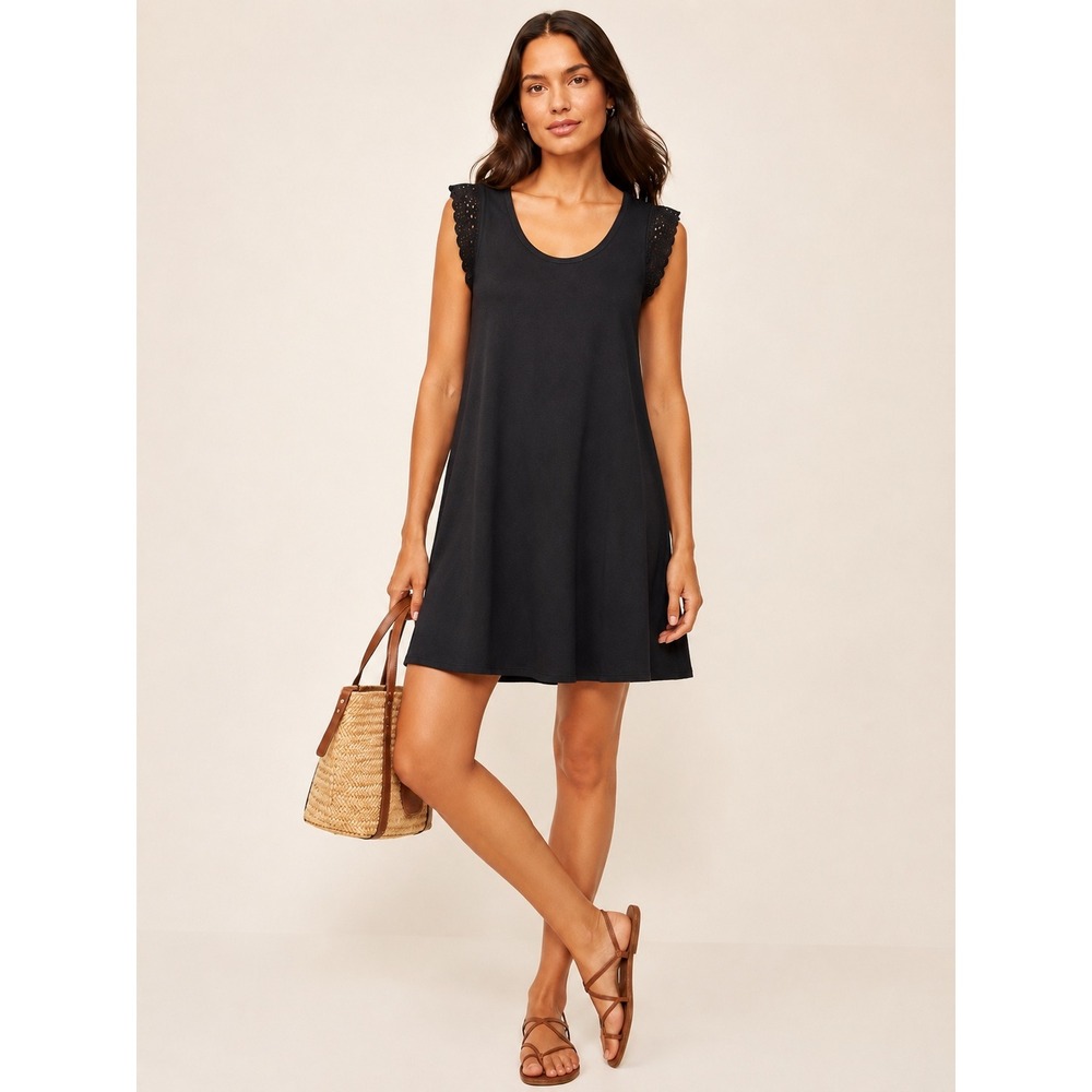 LOFT Womens‎ Crochet Trim Swing Dress Large Boho Black Sleeveless Mini